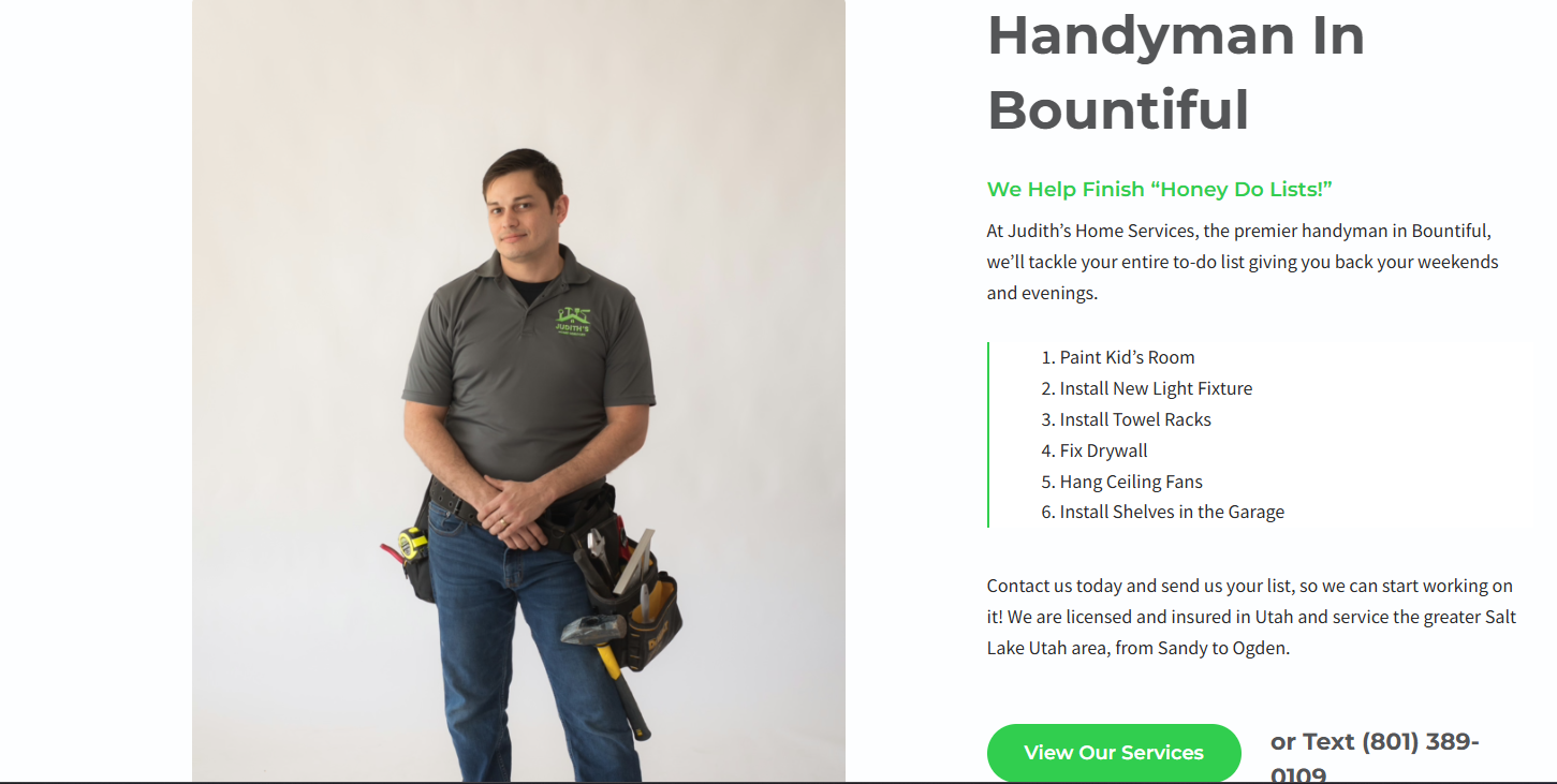 A handyman wearing a tool belt stands beside text describing home repair services in Bountiful.