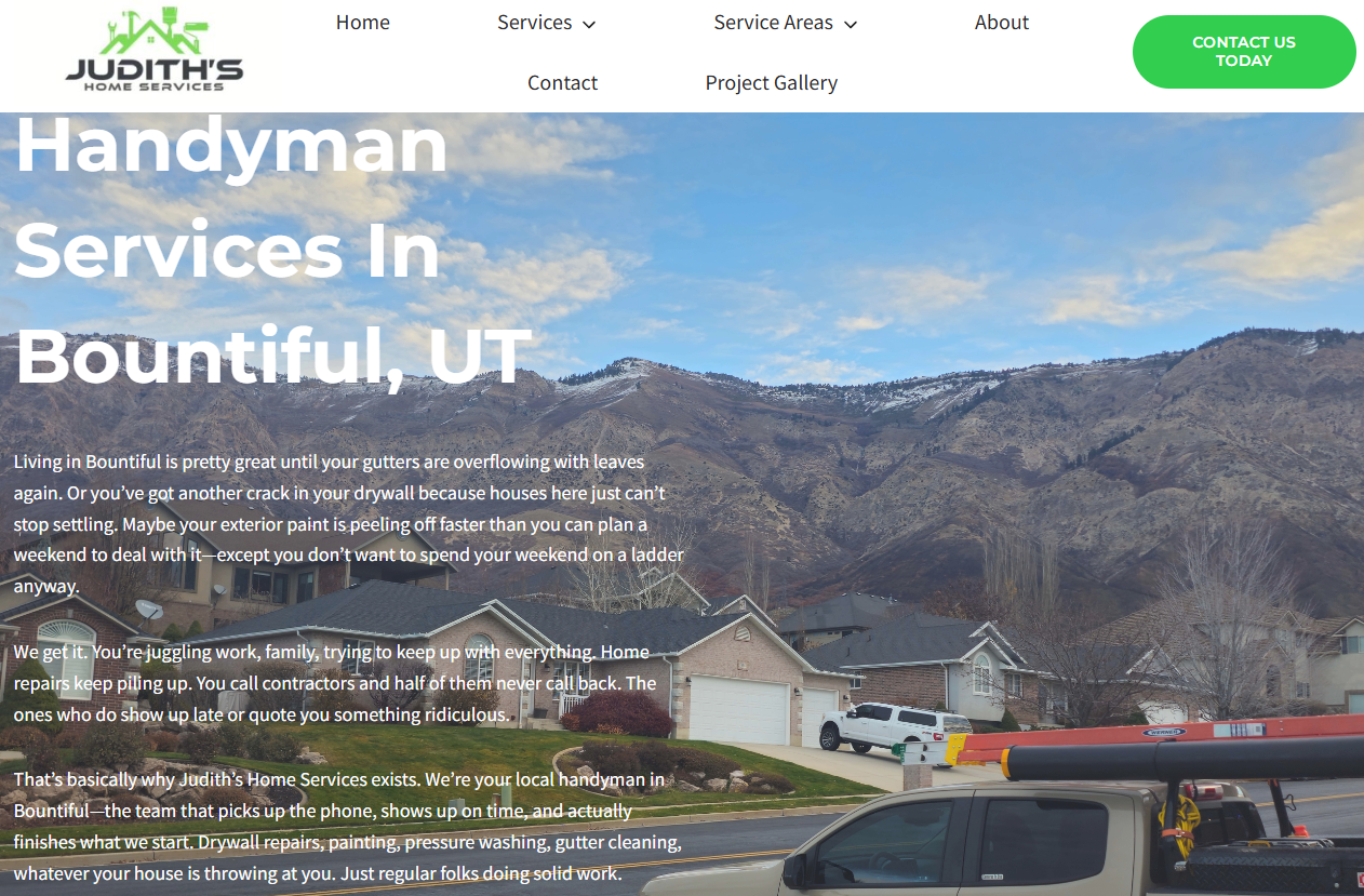 Website header for Judith's Handyman Services in Bountiful, UT, featuring a backdrop of houses and mountains.