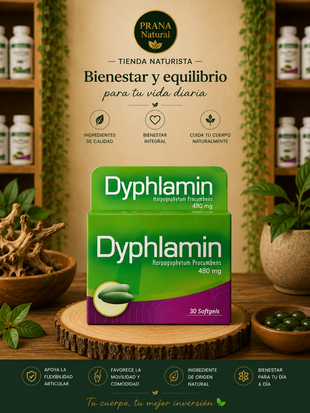 Frasco de Dyphlamin en un envase español de bienestar con temática natural y verde, decorado con hierbas y hojas.