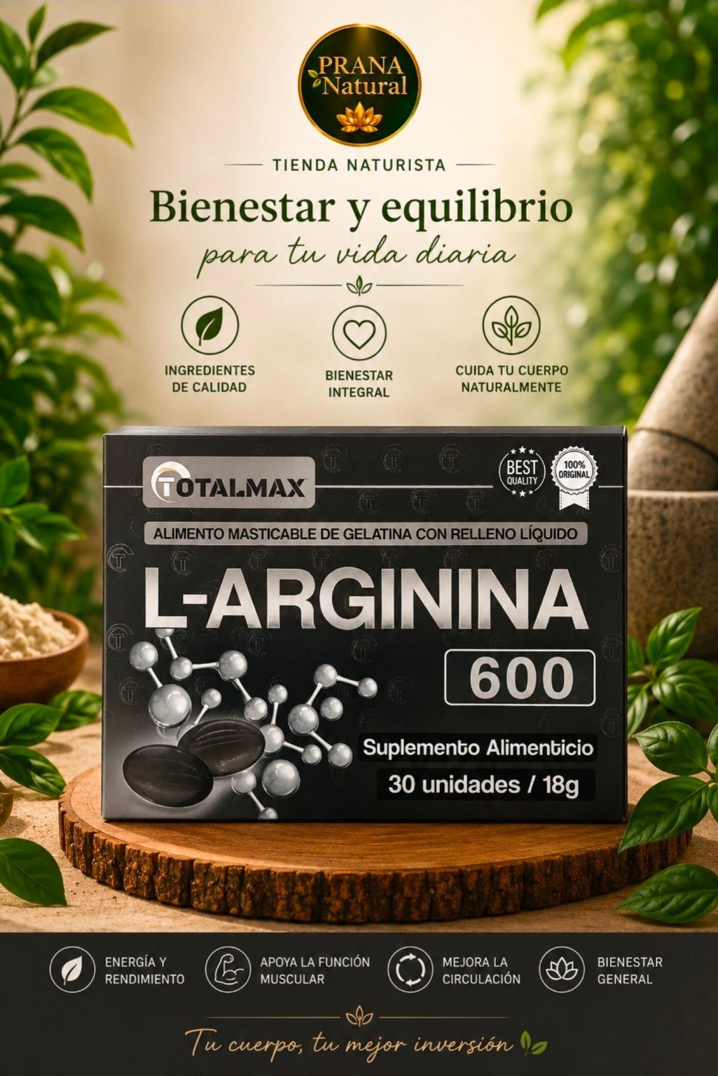 Anuncio de suplemento L-arginina 600 en envase negro sobre fondo natural con texto de bienestar.