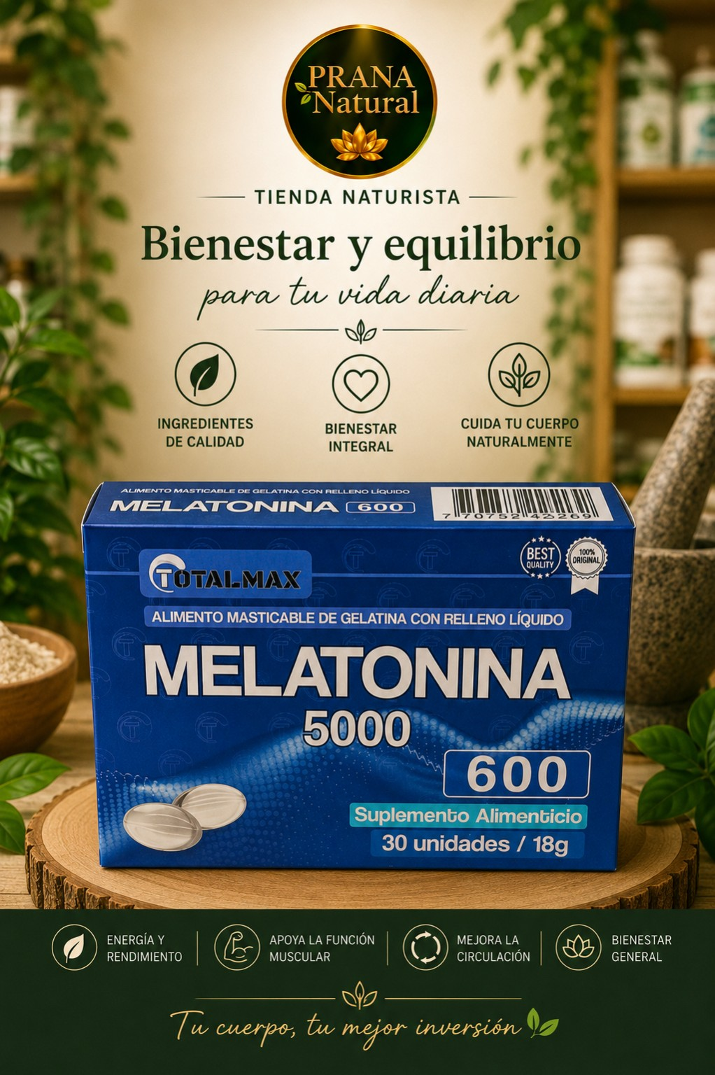 Melatonina 500 mg suplemento en caja azul, sobre fondo verde con marca Prana Natural.