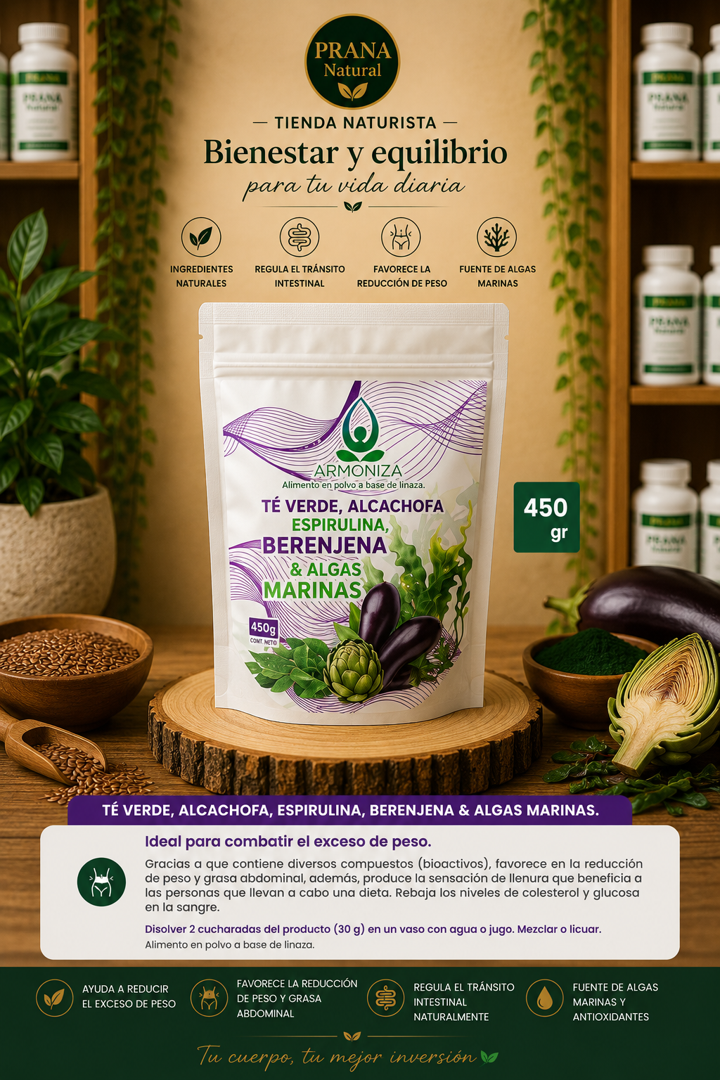 Anuncio de té Prana Botanicals que muestra una bolsa blanca, hojas verdes y hierbas sobre un fondo beige cálido.