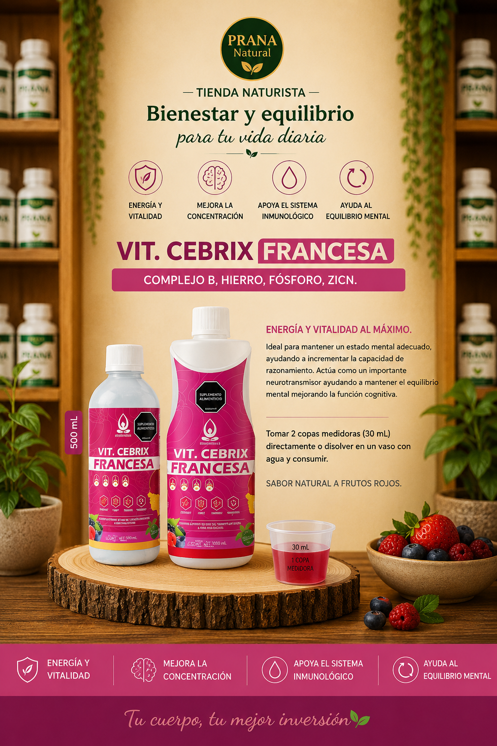 Anuncio de producto de los suplementos Vit. Cebrix Francesa con botellas rosas, frutas y decoración herbal.