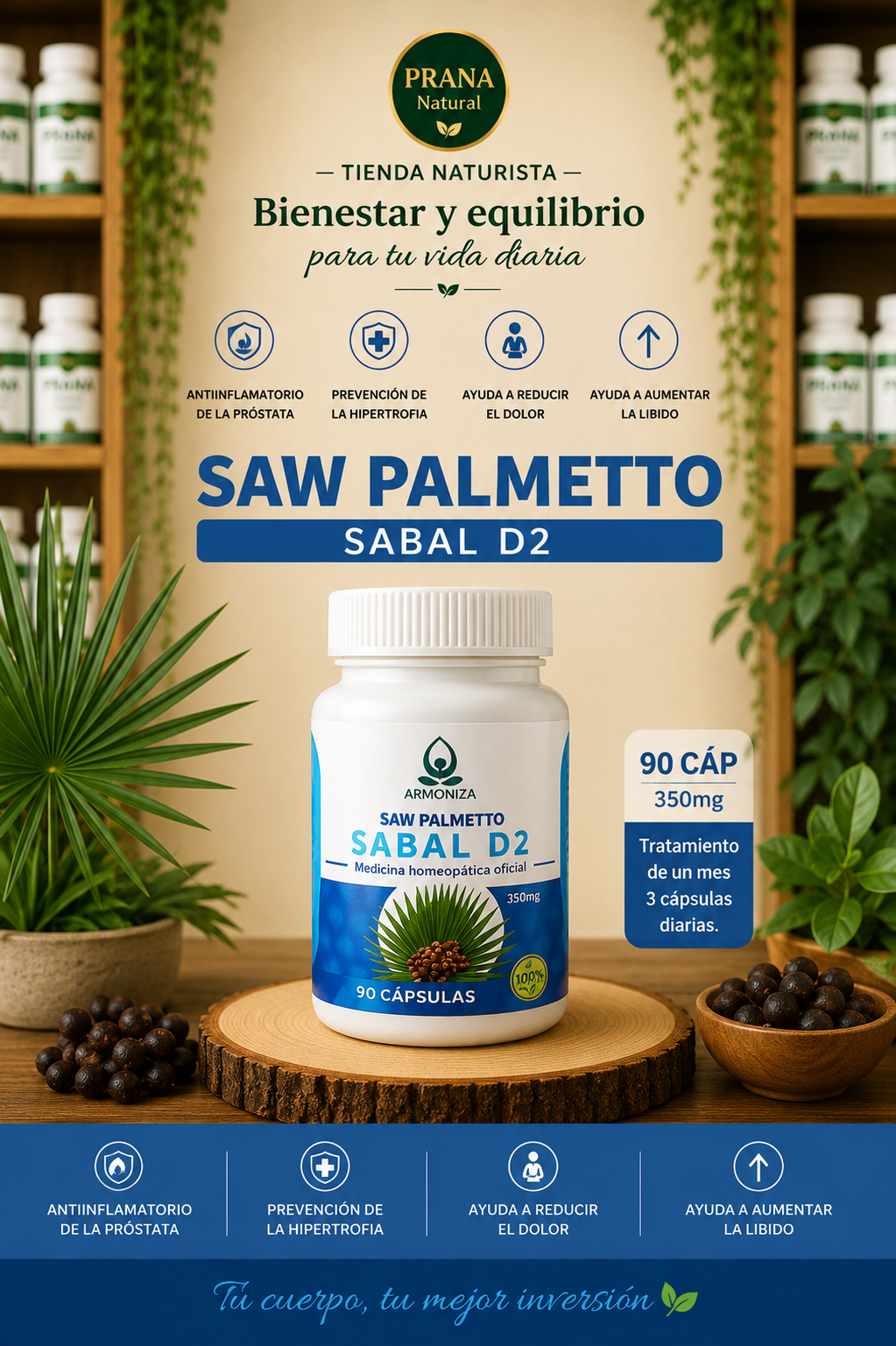 Promo de suplemento Saw Palmetto Sabal D2, frasco blanco sobre fondo beige con hojas verdes y texto azul.