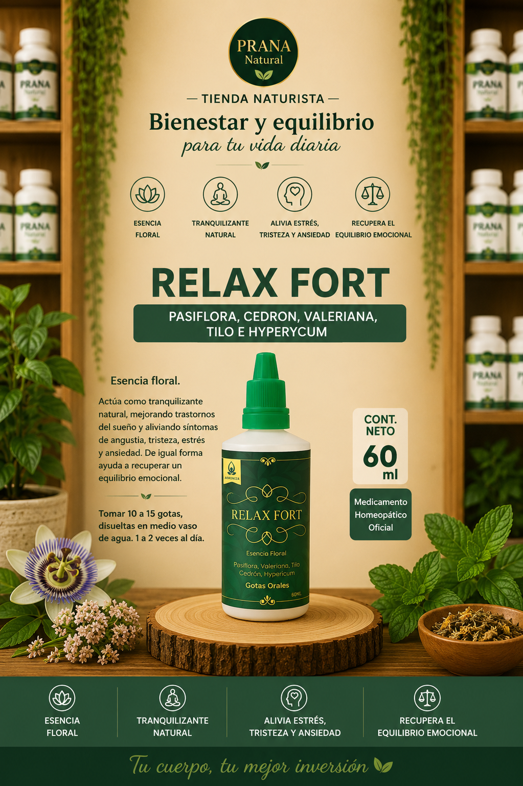 Botella del suplemento RELAX FORT con envase verde, plantas y texto de bienestar en español sobre fondo beige.