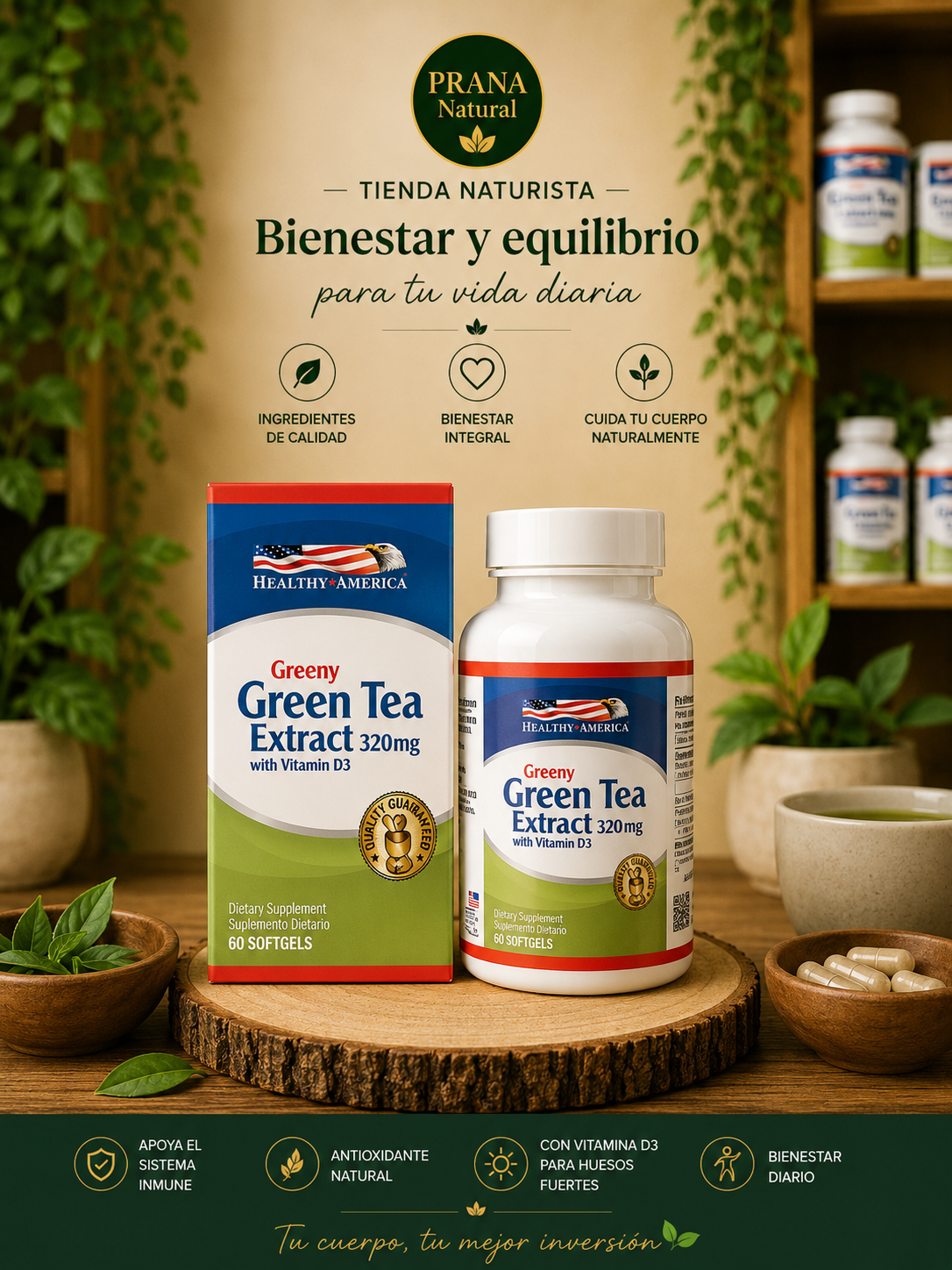 Anuncio de suplemento de extracto de té verde con texto en español, envase verde y una botella