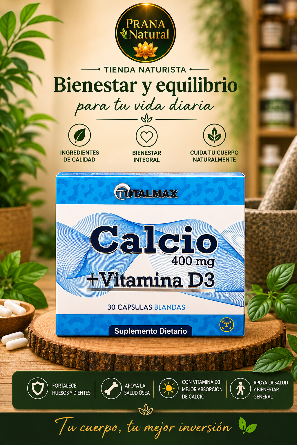 Suplemento Calcio + Vitamin D3 de 400 mg, envase azul sobre fondo natural con texto “Bienestar y equilibrio”.