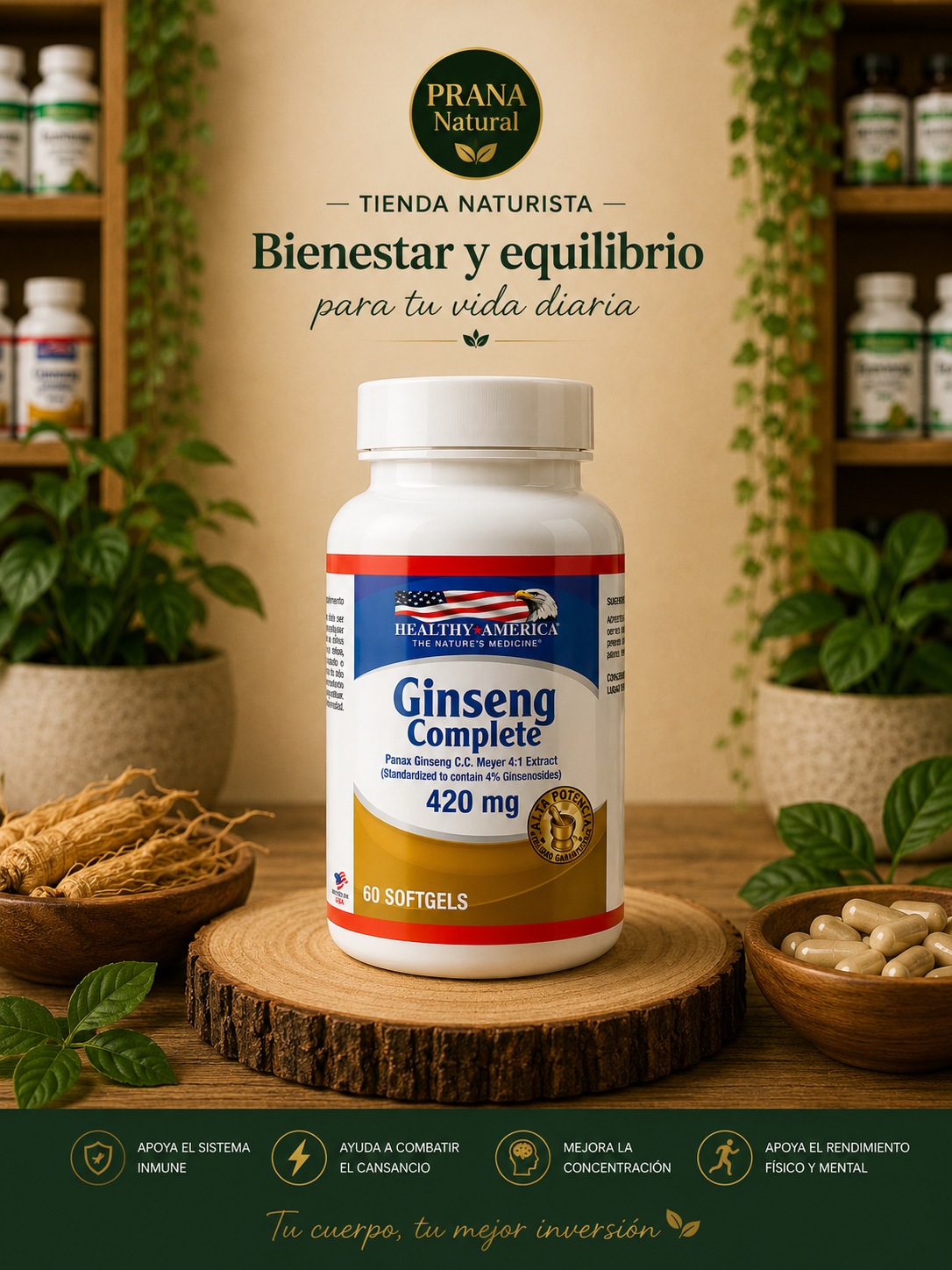Botella de Ginseng Complex sobre soporte de madera con hierbas naturales y la marca “Bienestar y equilibrio”.