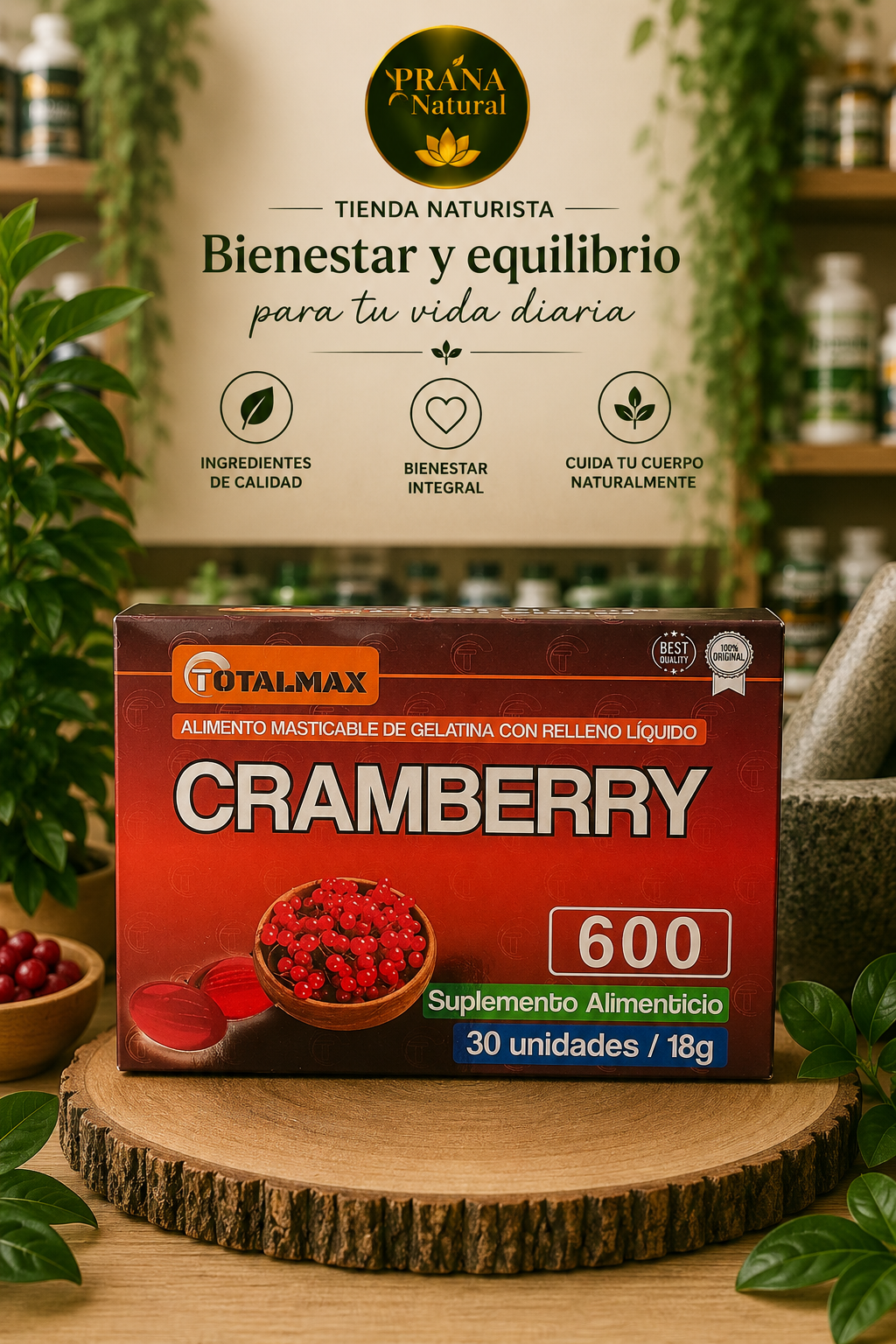 Suplemento alimenticio de cranberry 600, en caja roja, con fondo de bienestar natural y frutas.