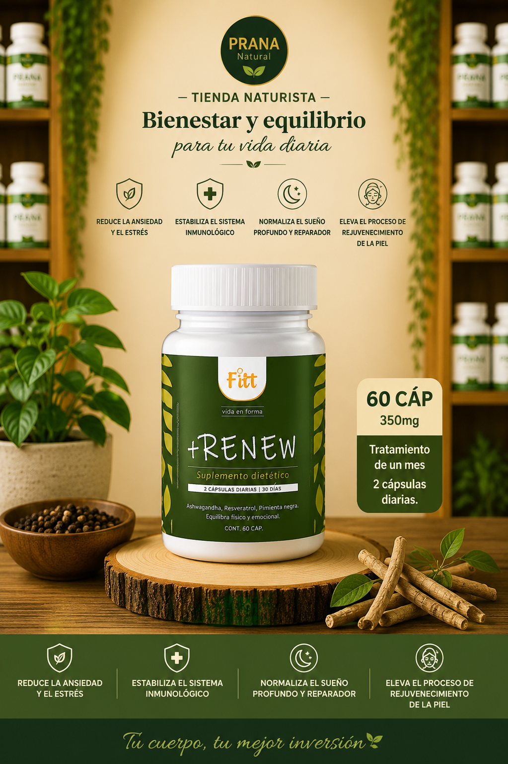 Anuncio verde y beige de suplemento FRENES con frasco blanco, plantas y texto en español.