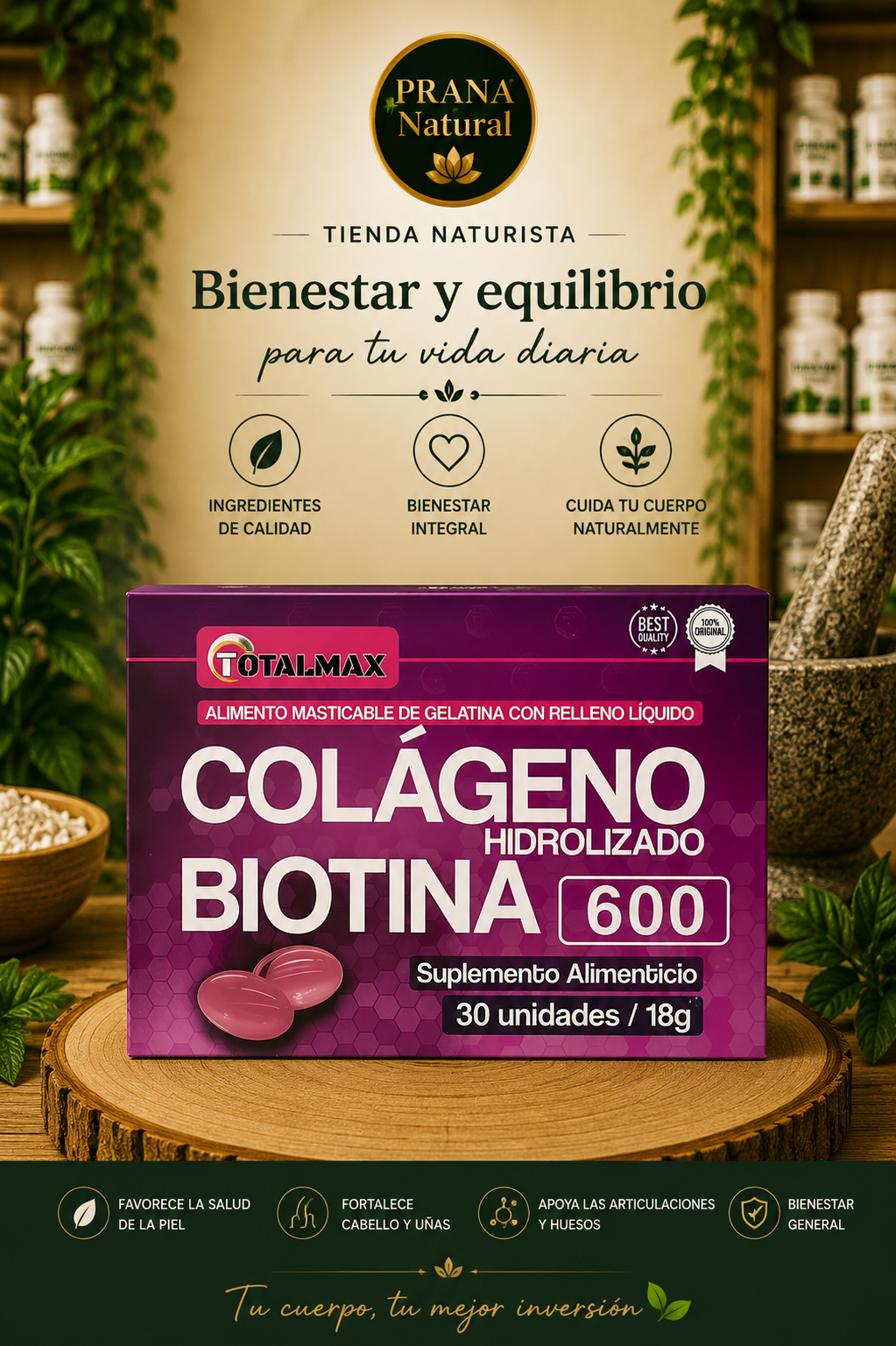 Suplemento PRANA Natura con colágeno biotina 600, frasco morado sobre fondo dorado.