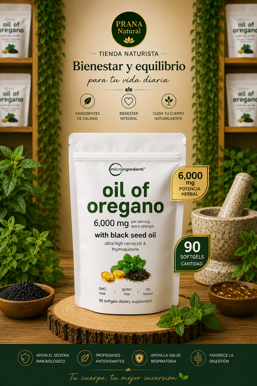 Anuncio de suplemento herbal verde con una bolsa blanca de aceite de orégano, mortero y majadero