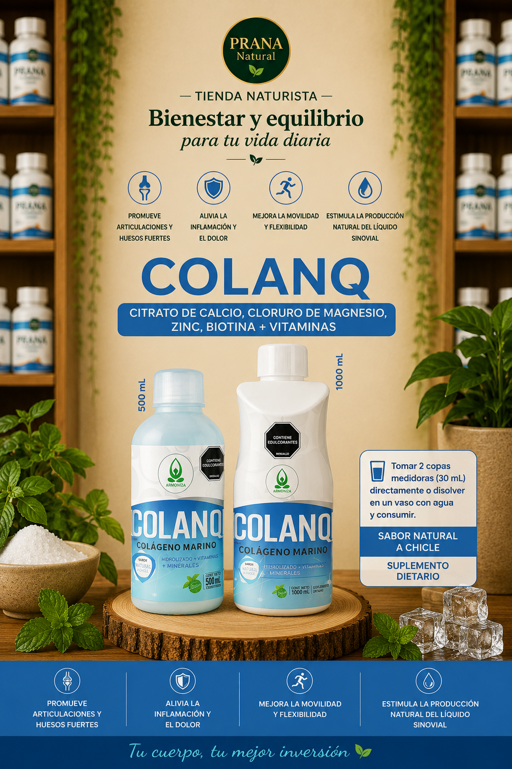 Anuncio de champú COLUMBO con dos botellas, etiqueta azul y texto sobre bienestar y cuidado del cabello.
