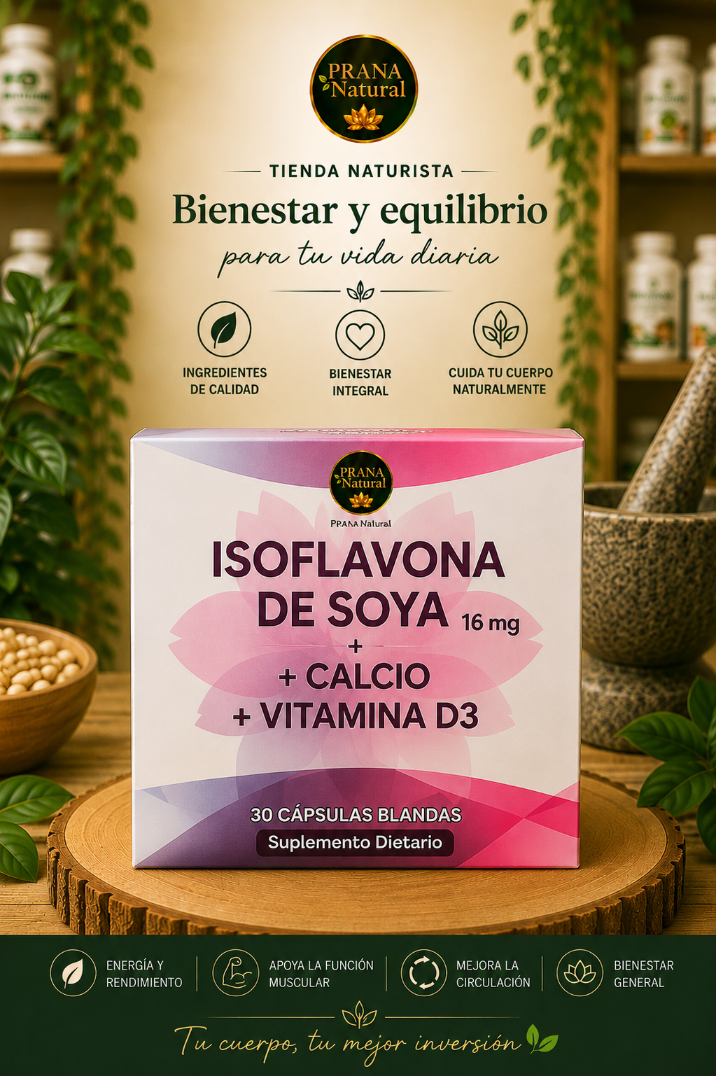 Caja de suplemento Isovoflax de soya con calcio y vitamina D3, sobre fondo natural verde y rosa.