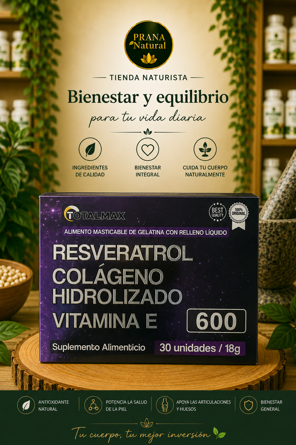 Panel publicitario de suplementos Prana Naturals con frasco negro de resveratrol, colágeno y vitamina E sobre fondo beige