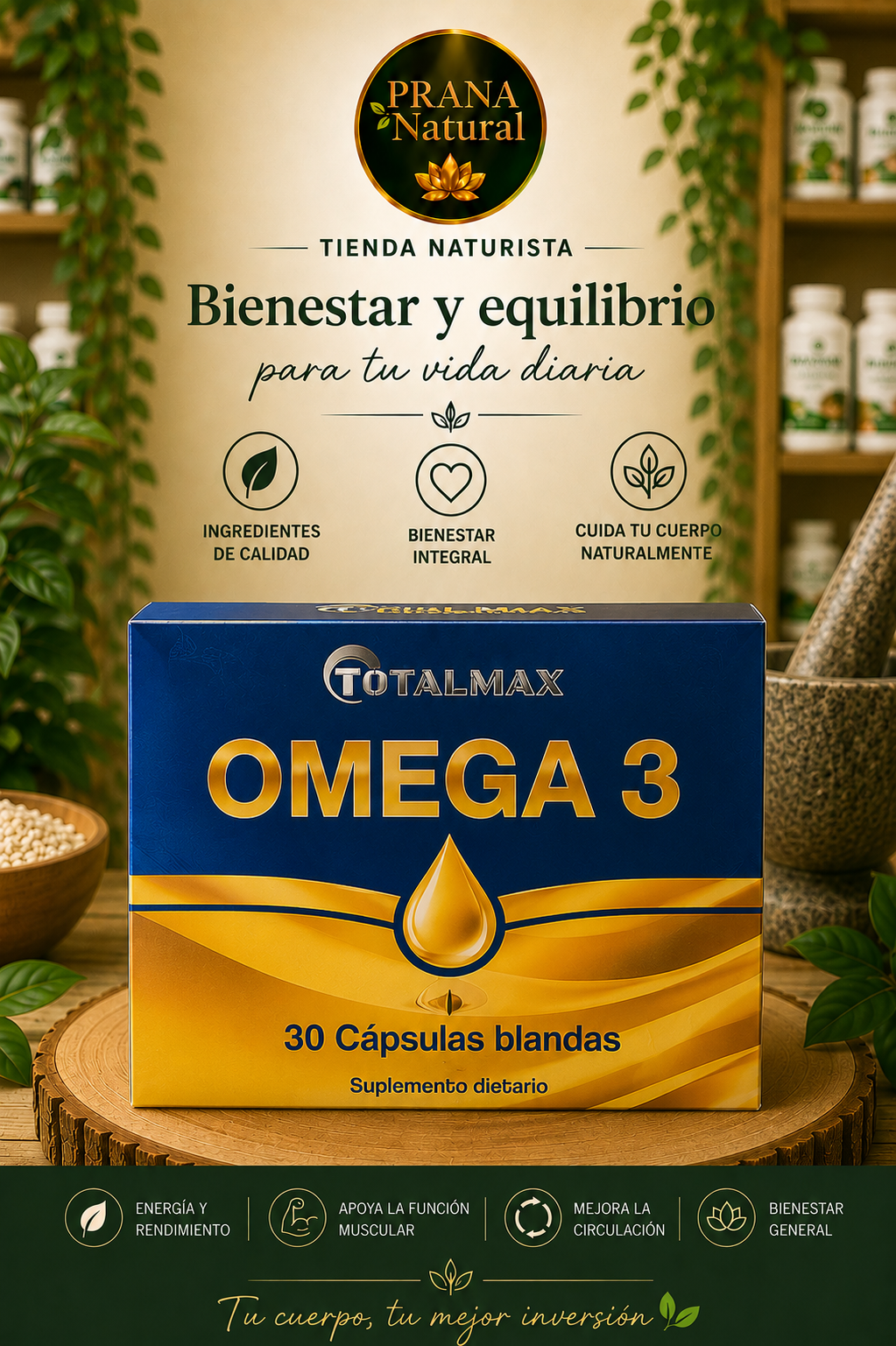 Suplemento Prana Natural Omega 3 en caja azul y dorada sobre mesa con hojas y fondo natural.