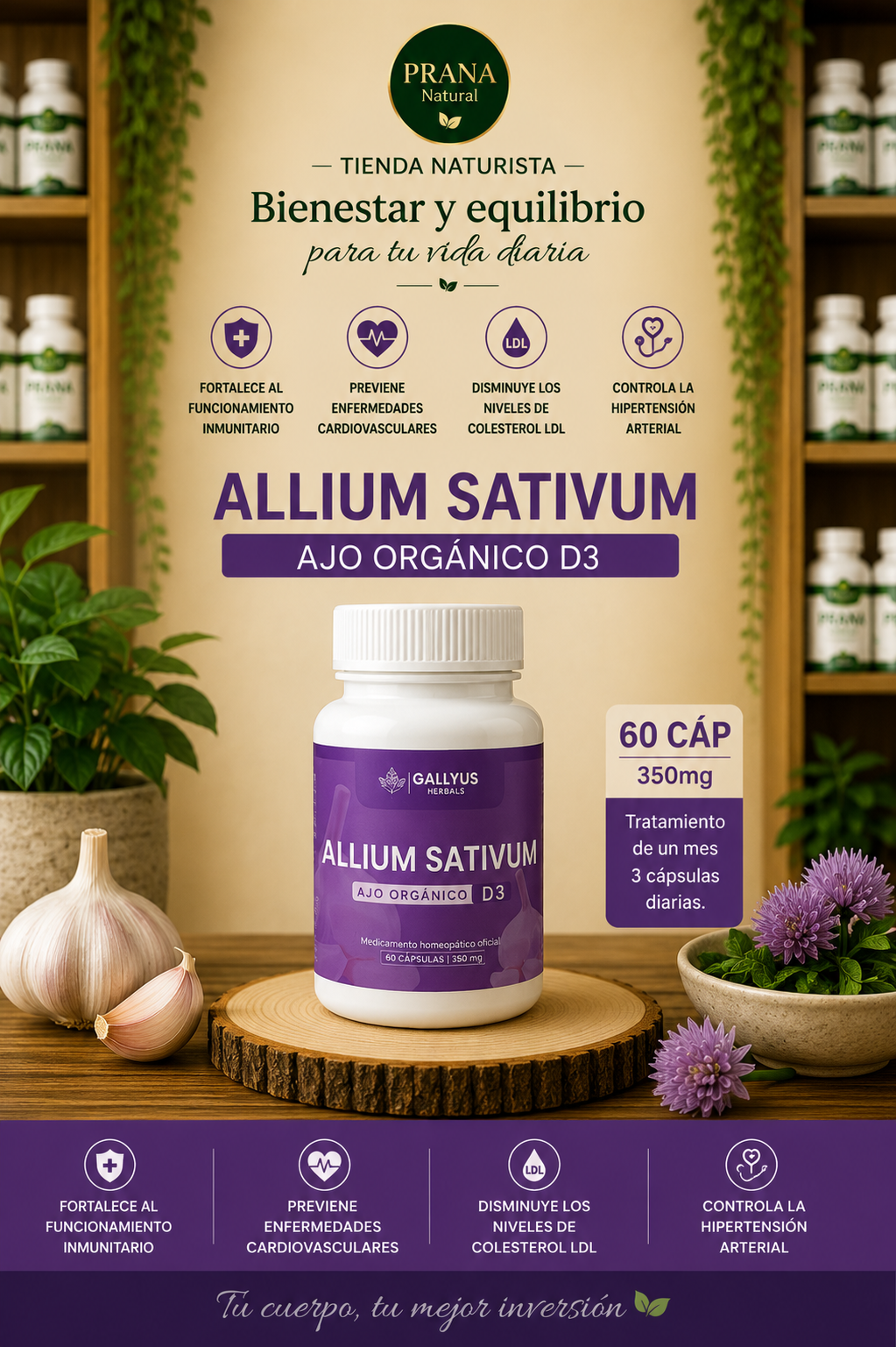Publicidad de suplemento Allium Sativum Ajo Orgánico 03, frasco morado y ajo en fondo beige.