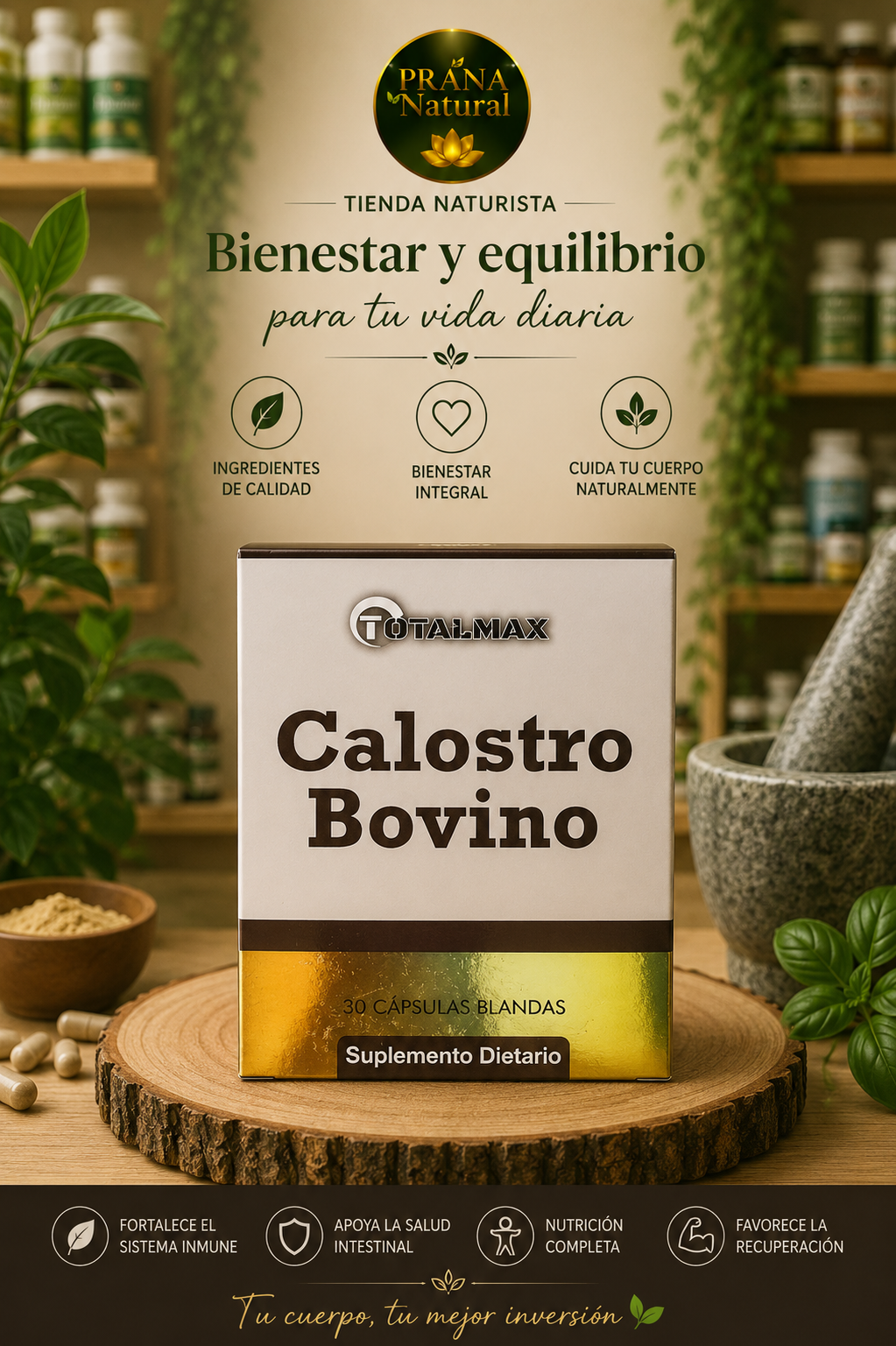 Caja de suplementos de calostro bovino sobre una mesa rústica con plantas verdes
