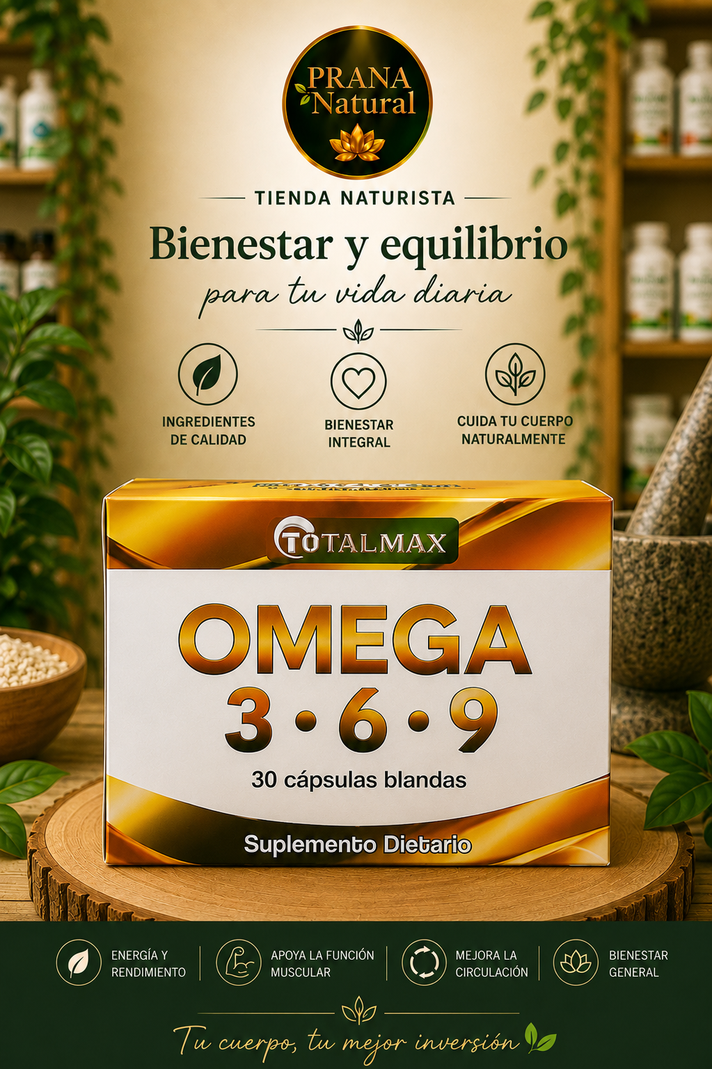 Promo de suplemento Prana Natural Omega 3-6-9 con frasco, texto en español y fondo verde natural.