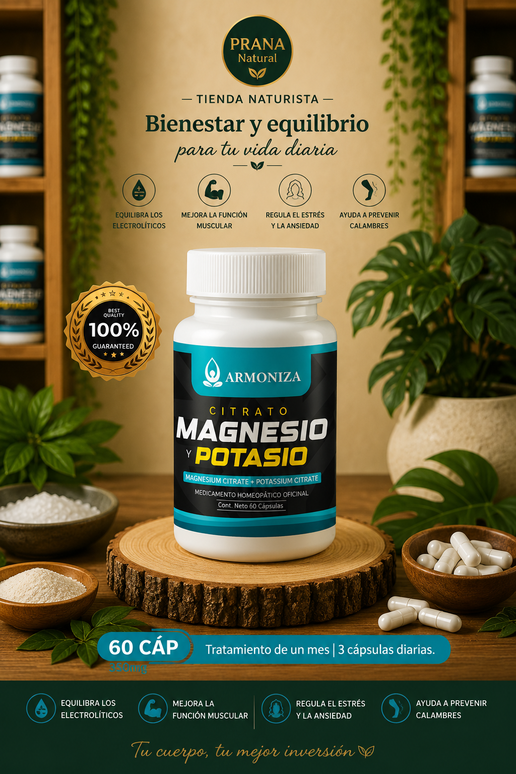 Botella de suplemento Magnesio Potasio sobre fondo de plantas y piedras, con texto de bienestar y equilibrio.