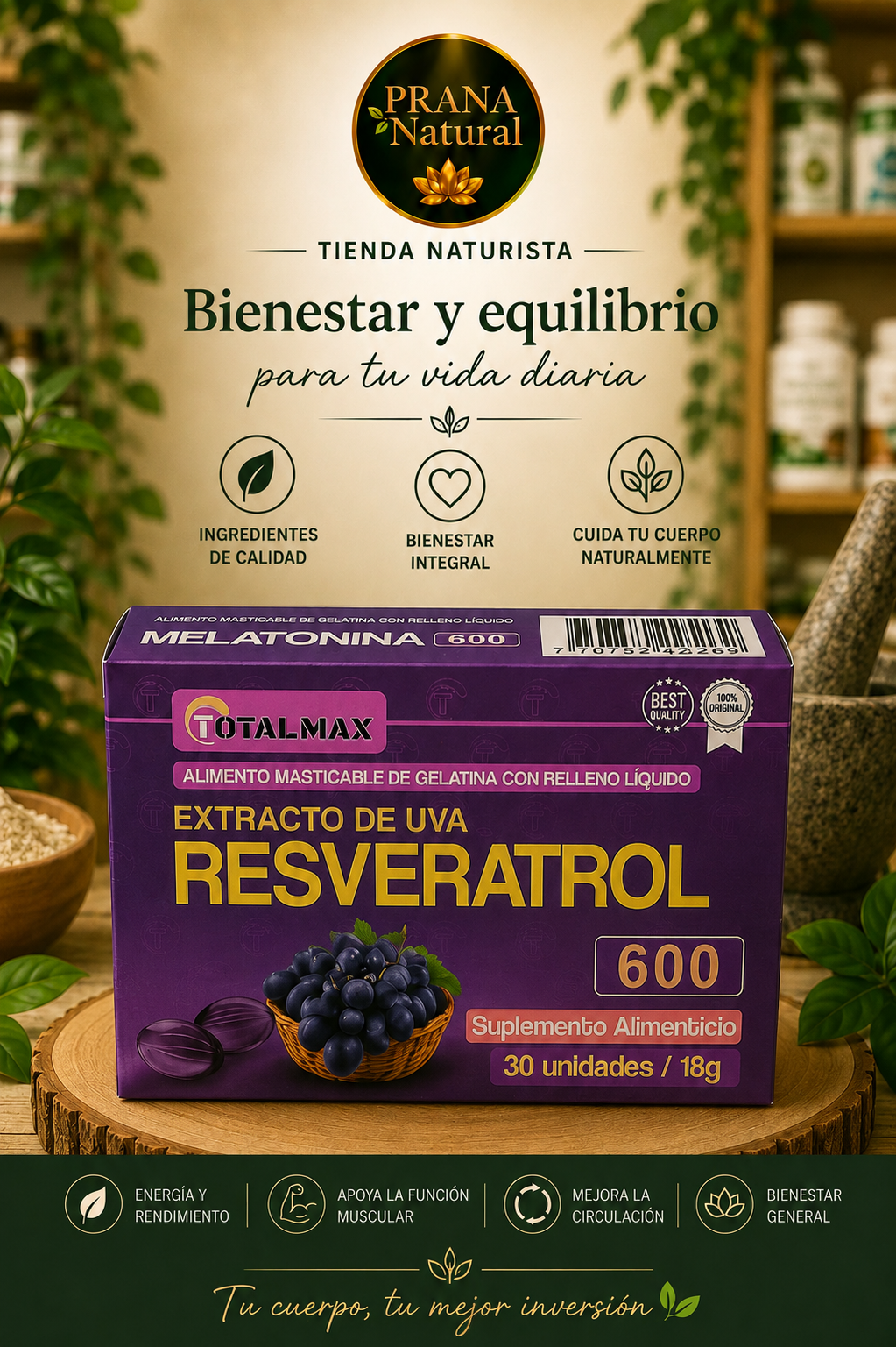 Suplemento de resveratrol 600 mg en caja morada con uvas, fondo natural y mensaje de bienestar