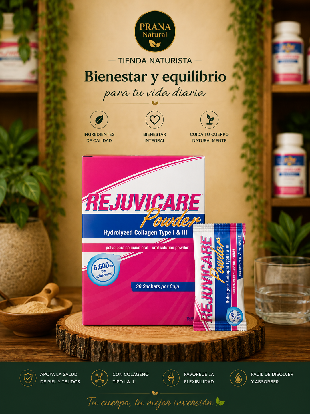 Exhibidor de productos de bienestar de PRANA Naturals con caja de polvos Re.Uvicare rosa, sobre y botella