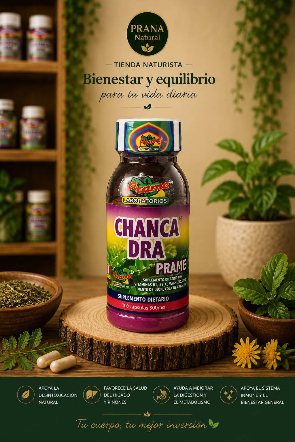 Botella Chanca draca Prana sobre madera rústica con hierbas verdes y un cálido fondo estilo spa.