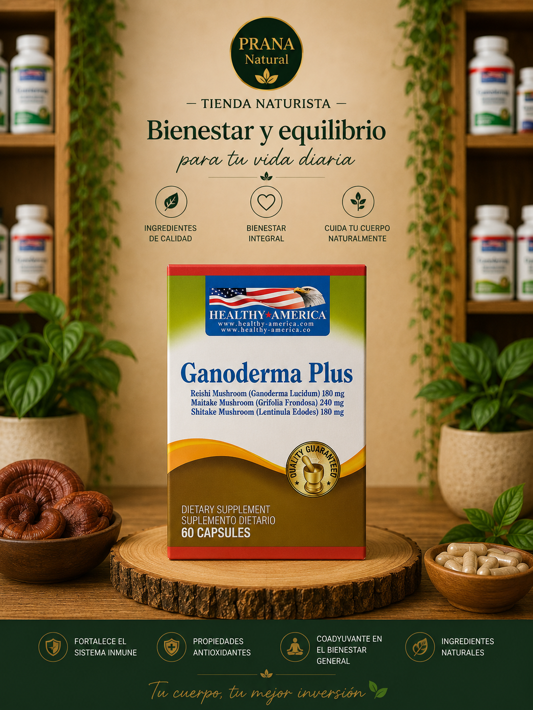 Caja del suplemento Ganoderma Plus en un expositor rústico con temática de bienestar.