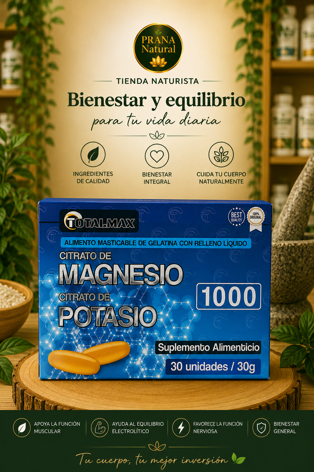 Anuncio de suplemento de magnesio y potasio, con caja azul y texto “Bienestar y equilibrio”.