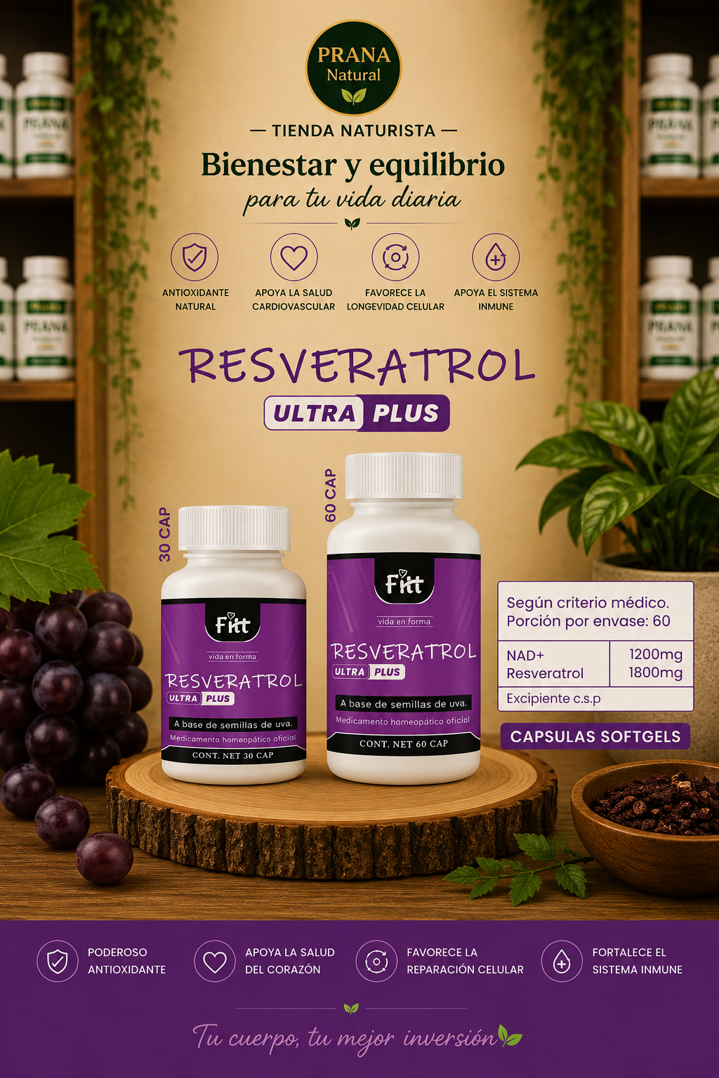 Anuncio del suplemento Resveratrol Ultra Plus con dos botellas moradas