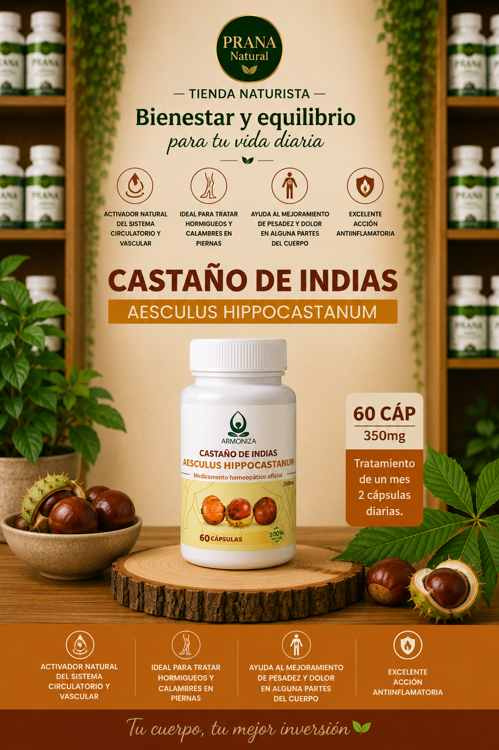 Publicidad de suplemento Prana “Castaño de Indias y Esculus Hipocastano” con frasco central y fondo vegetal.