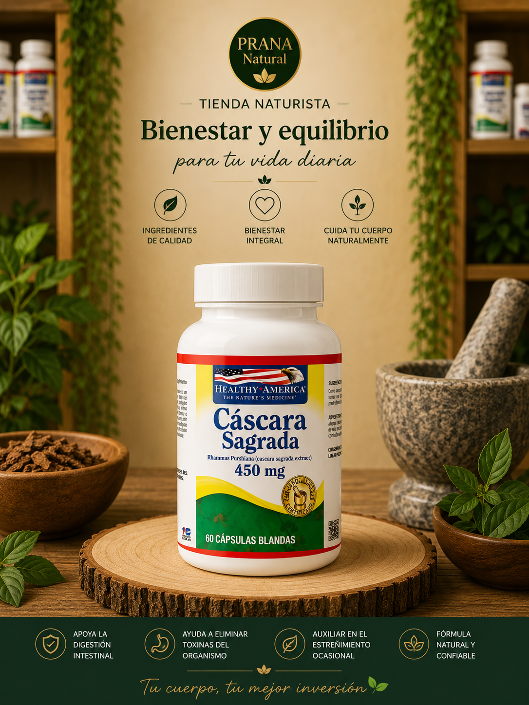 Cápsulas de cáscara sagrada en frasco blanco sobre mesa rústica, con fondo verde y texto de bienestar.