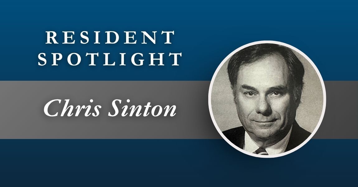 Resident Spotlight banner for Chris Sinton with a black-and-white portrait on a blue background