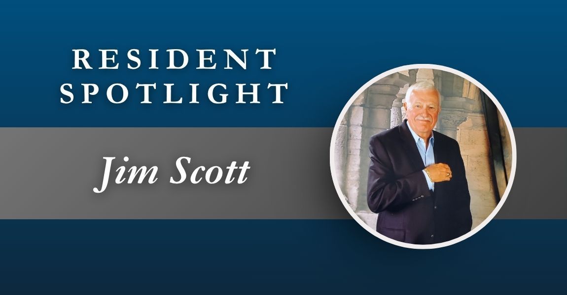 Resident Spotlight banner with the name Jim Scott and a portrait of him in a suit