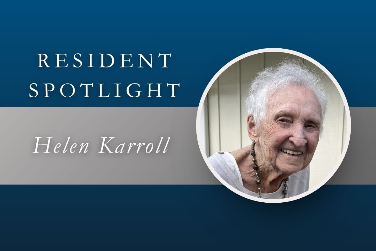 Resident Spotlight graphic with Helen Karrol's portrait on a blue and gray background