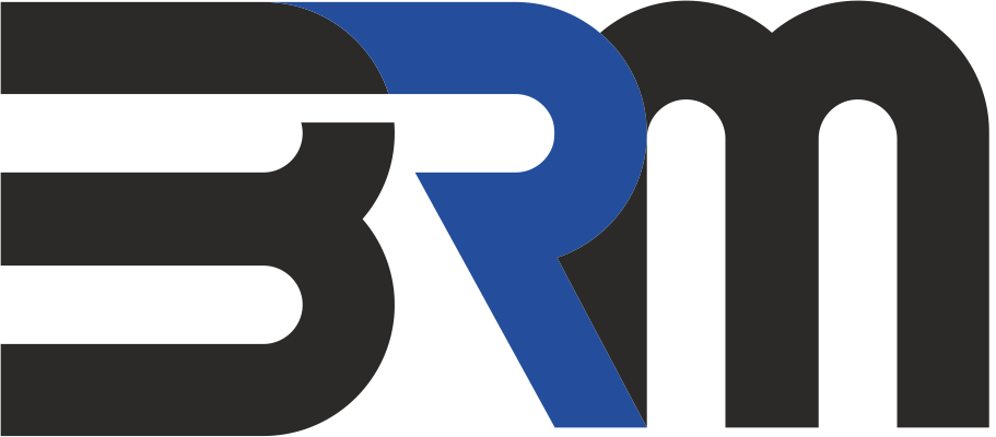 Building Resource Management Logo a black and blue logo for a company called brm .