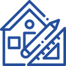 a blue line drawing of a house with a ruler and pencil .
