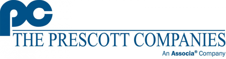 a blue and white logo for the prescott companies