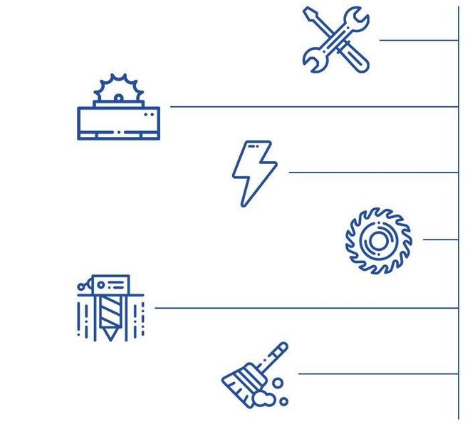 a line drawing of a lightning bolt , a wrench , a saw , and a drill .