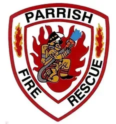 A parrish fire rescue logo with a fireman holding a hose