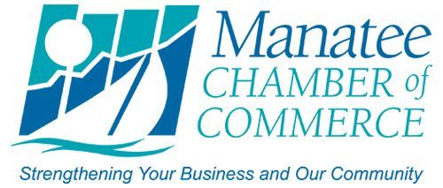 The manatee chamber of commerce logo is blue and white