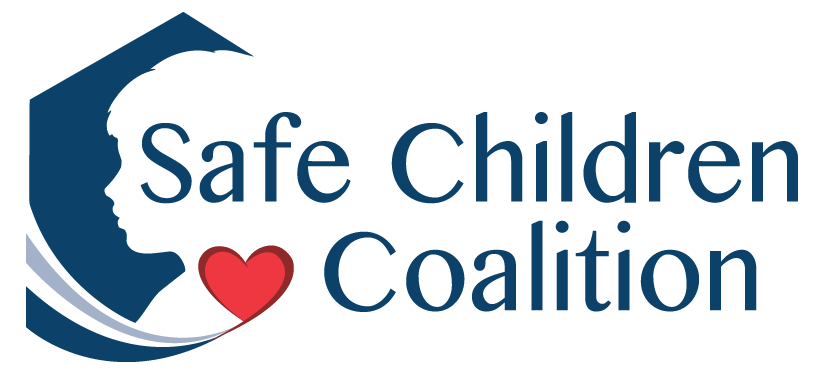 A logo for the safe children coalition with a heart in the middle.
