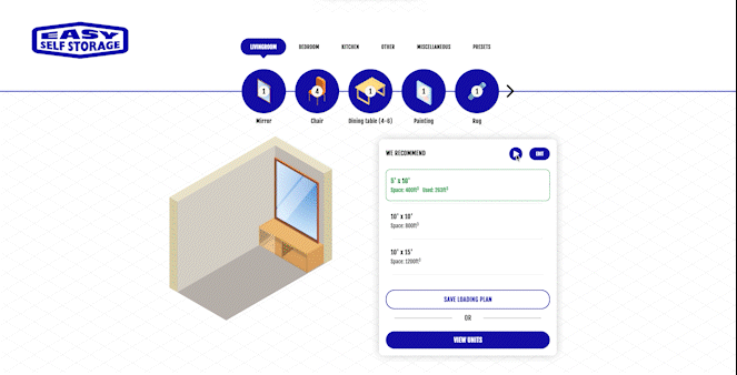 A webpage with a storage unit graphic, showing a 5 x 5 unit and rental options.