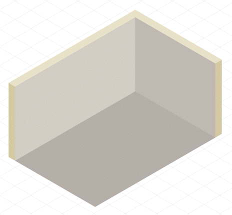 Isometric view of a pale beige room corner: floor, two walls, and ceiling.
