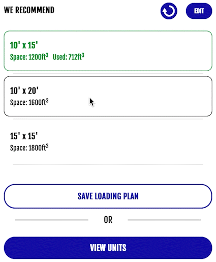 Storage unit recommendations with size options. Save loading plan or view units buttons.