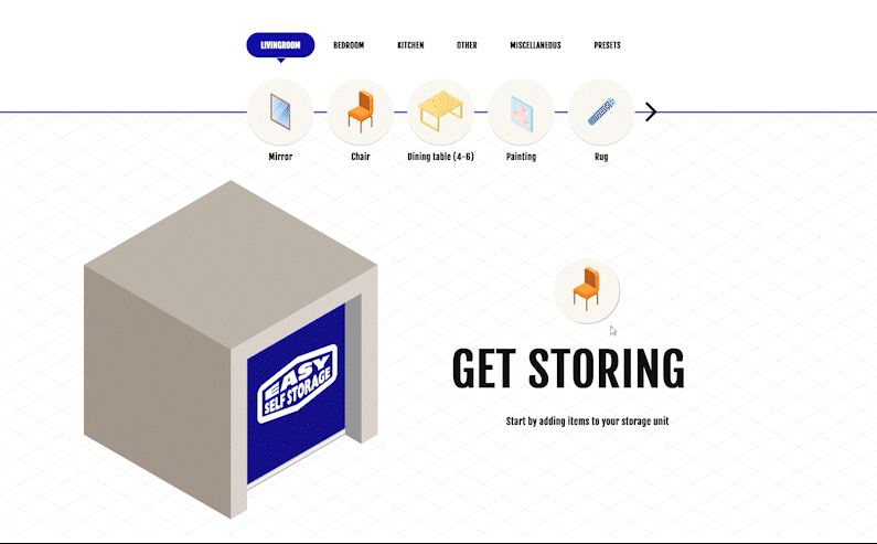 Isometric view of a storage unit with a “GET STORING” call to action, icons above representing items.