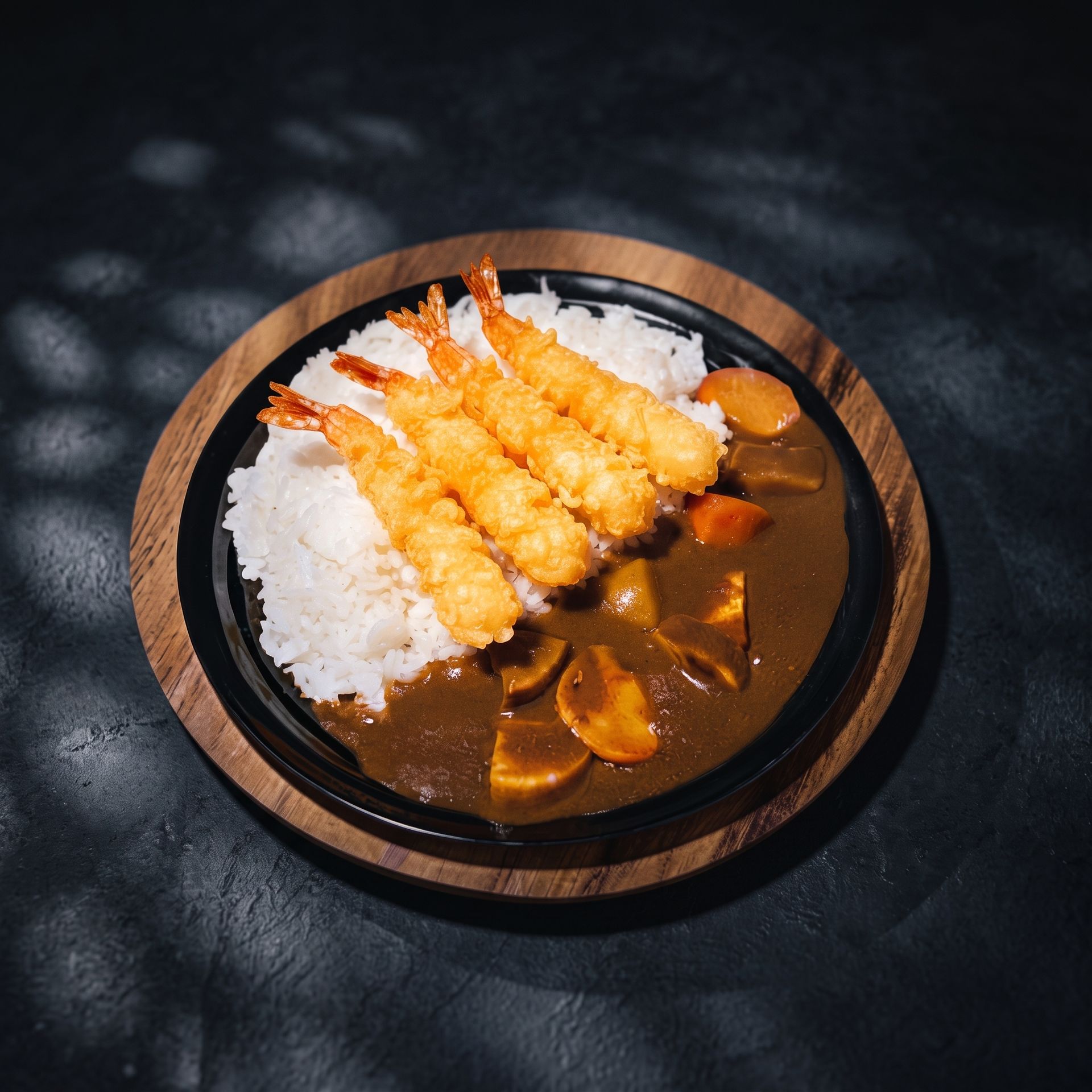 Plate of Japanese curry rice topped with crispy tempura shrimp on a dark wooden tray