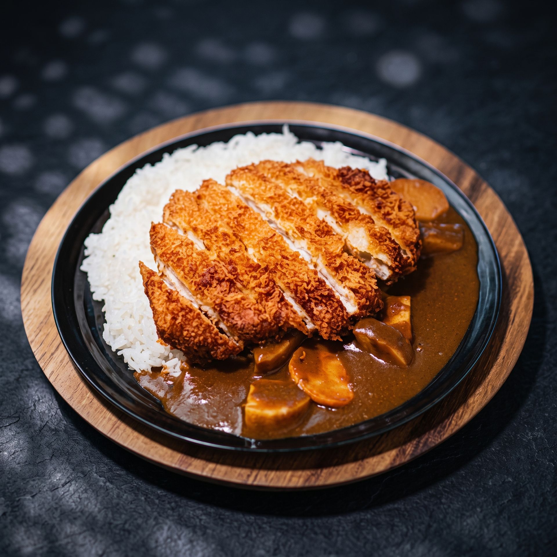 Breaded cutlet with curry sauce served over rice on a dark plate