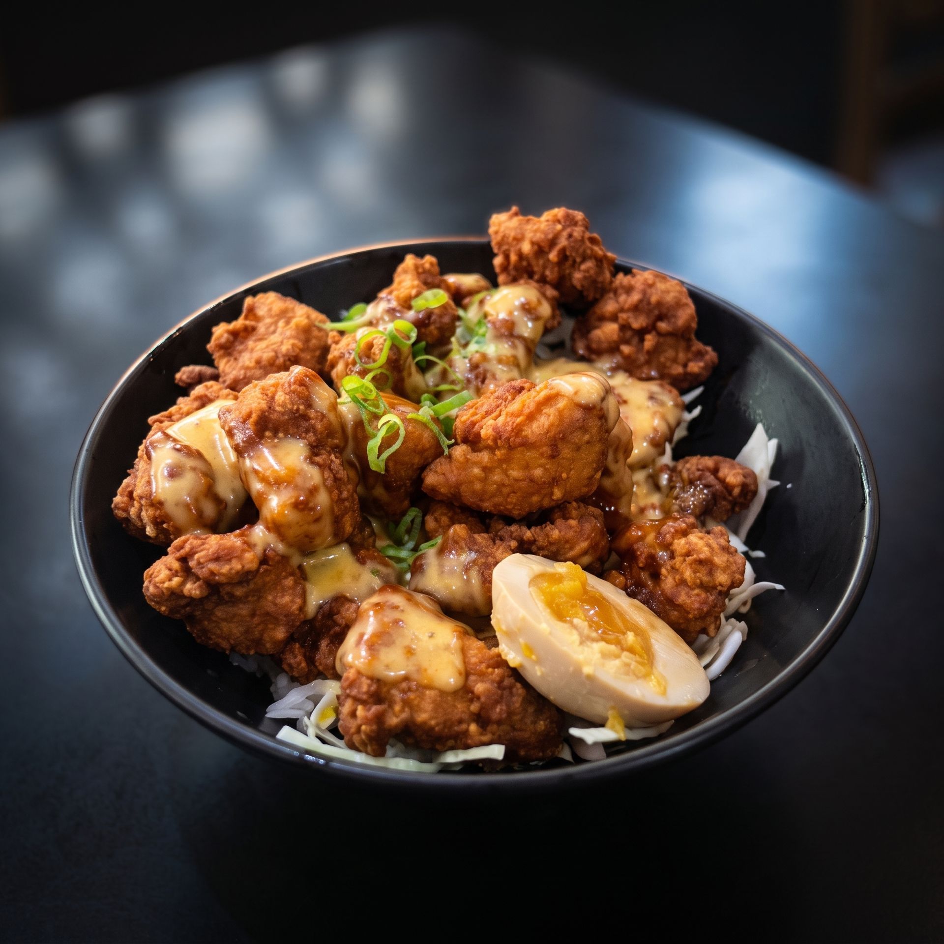 Black bowl of fried chicken with sliced boiled egg and chopped green garnish on a dark table