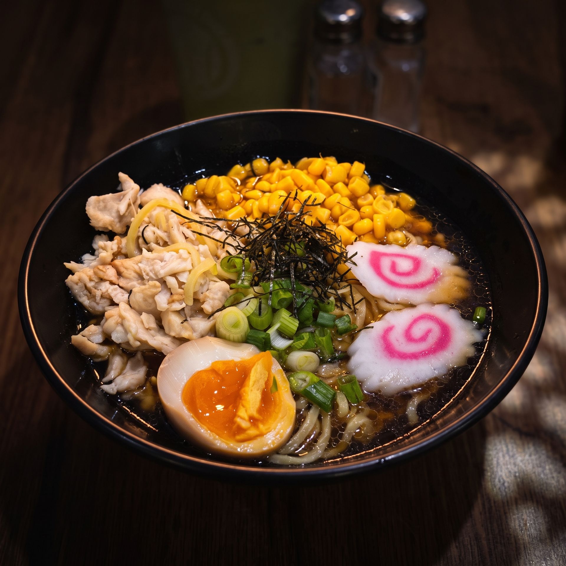 Ramen bowl with pork, corn, soft-boiled egg, narutomaki, seaweed, and green onions on a wooden table